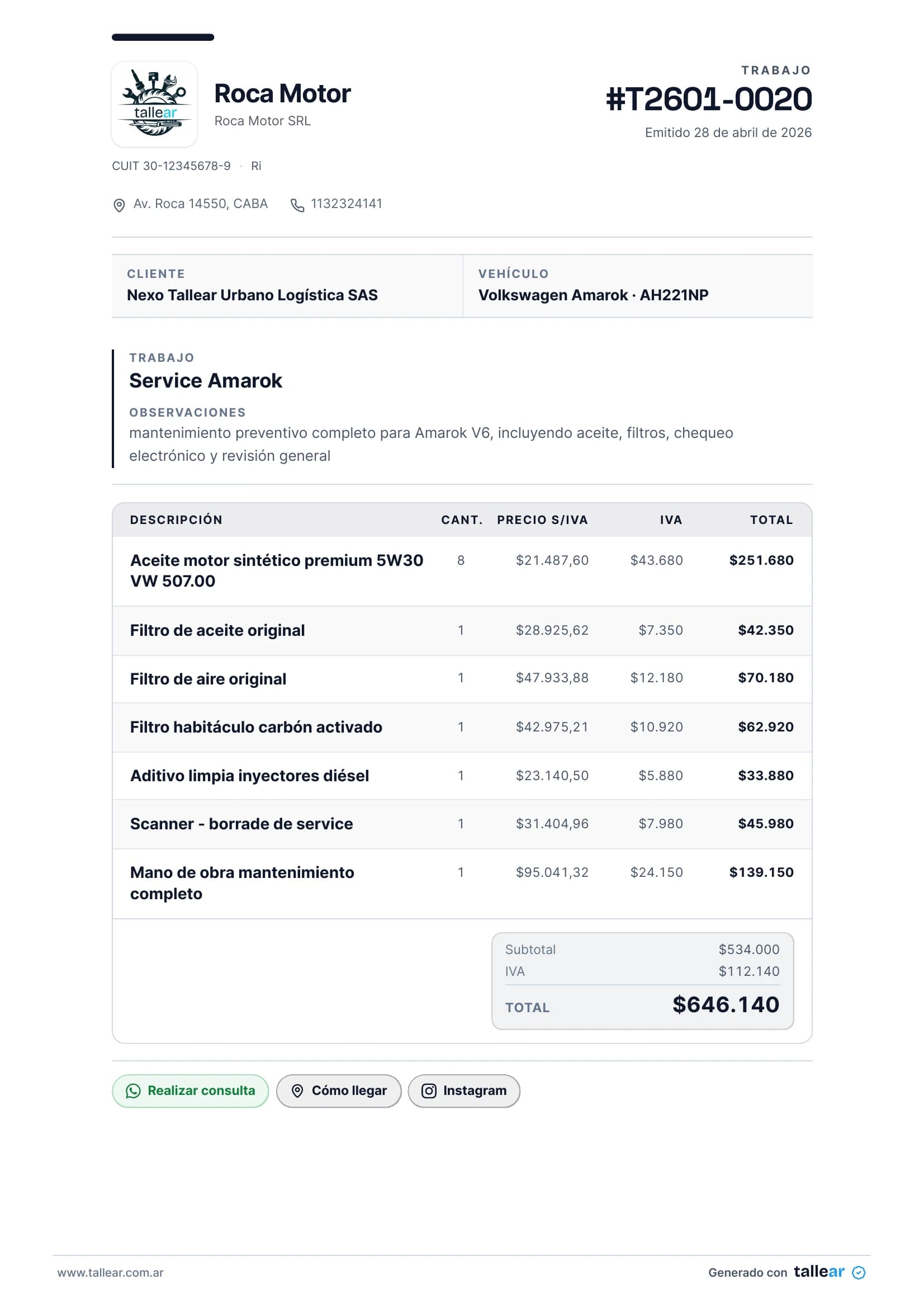 Comprobante de trabajo generado con Tallear, con logo, datos del cliente, ítems, IVA y total.